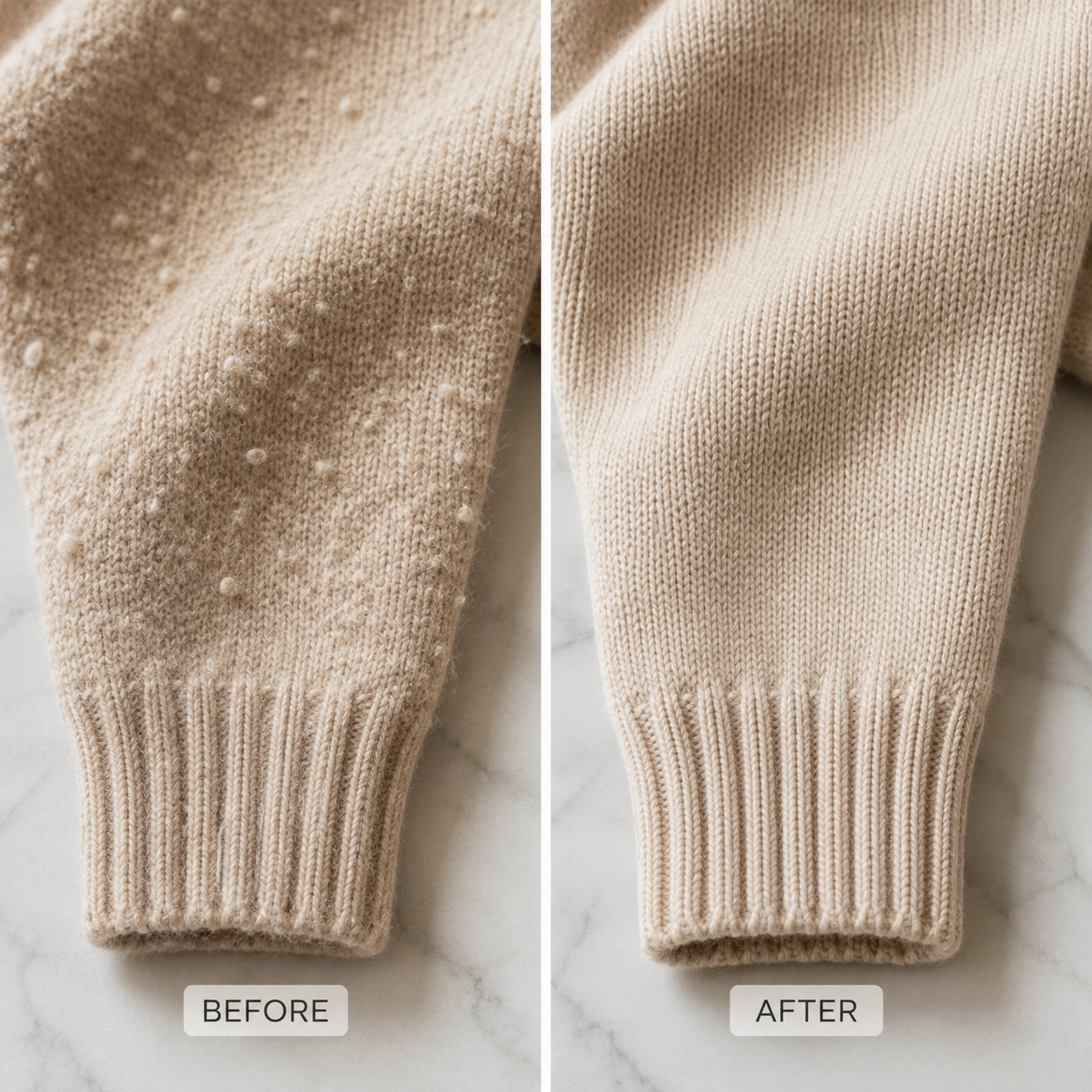 Close up of a knit sweater sleeve with pilling beside the same sleeve after being shaved smooth