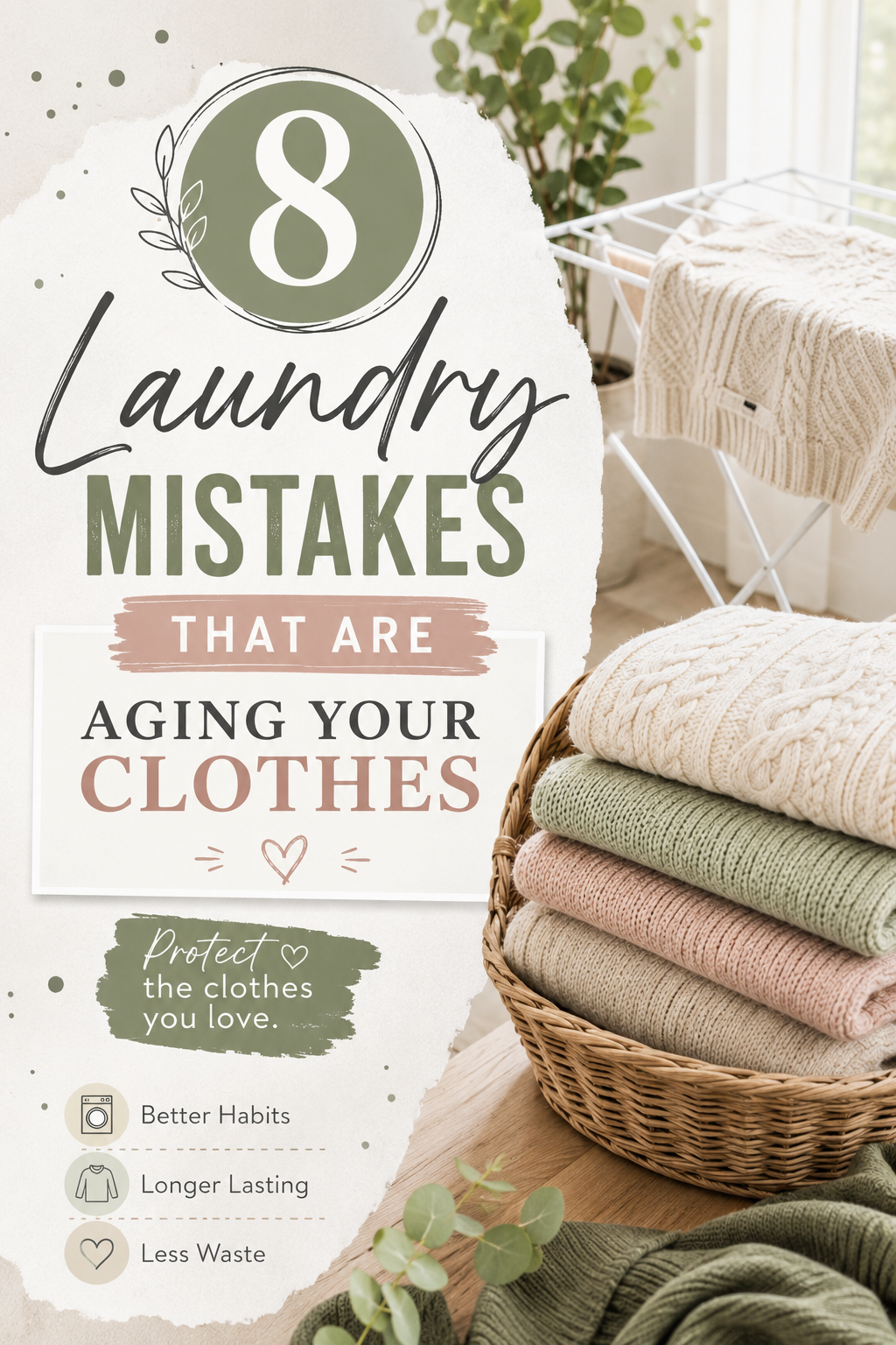 Pinterest graphic reading 8 Laundry Mistakes That Are Aging Your Clothes over folded laundry