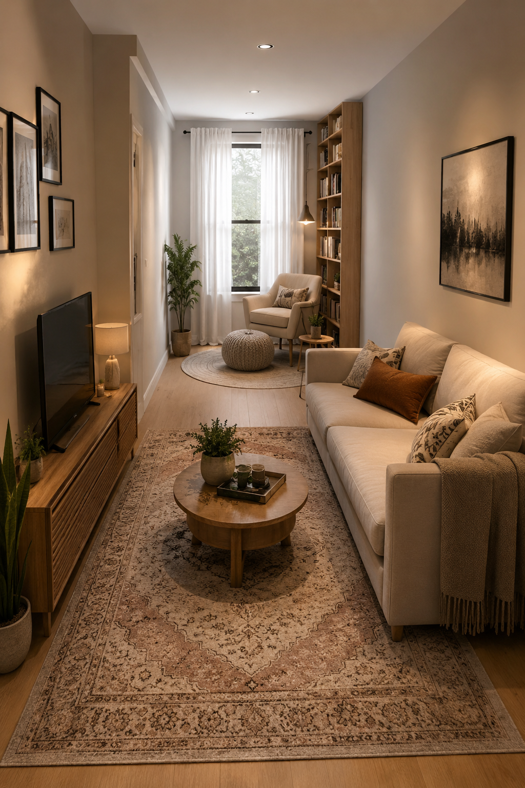 A long narrow living room divided into a seating area and a reading corner with a rug running across the width