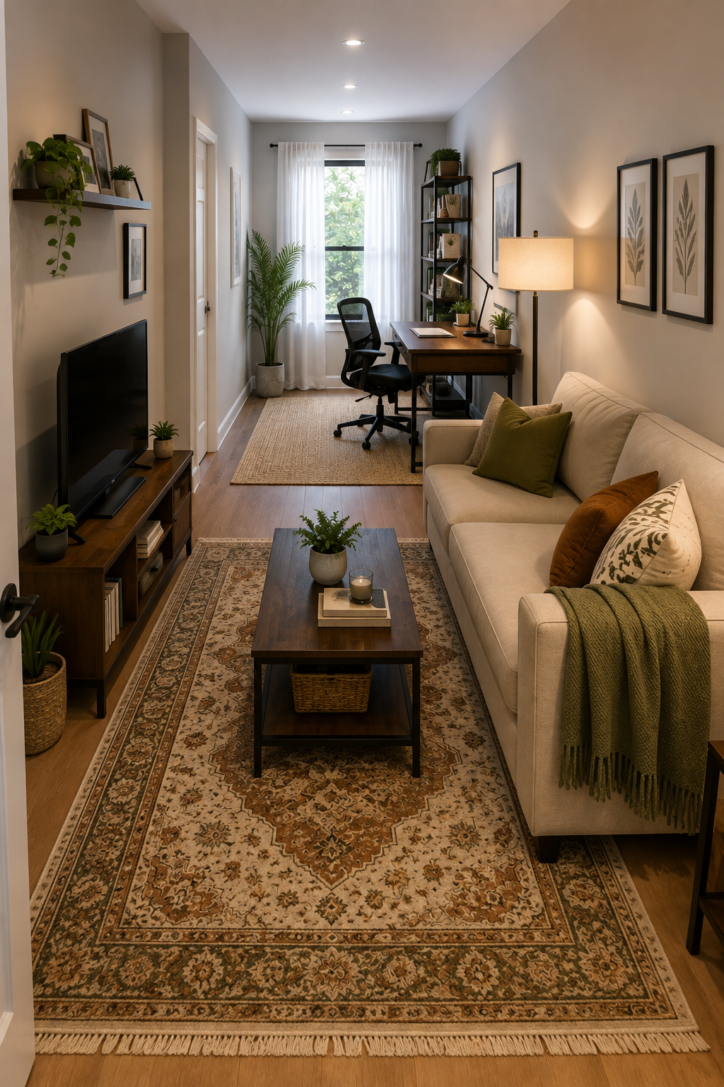A narrow living room split into a seating zone and a desk zone with two separate rugs marking each area