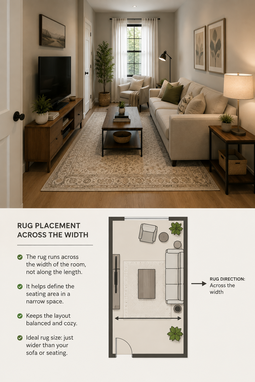 A rectangular rug positioned across the width of a narrow living room rather than along its length