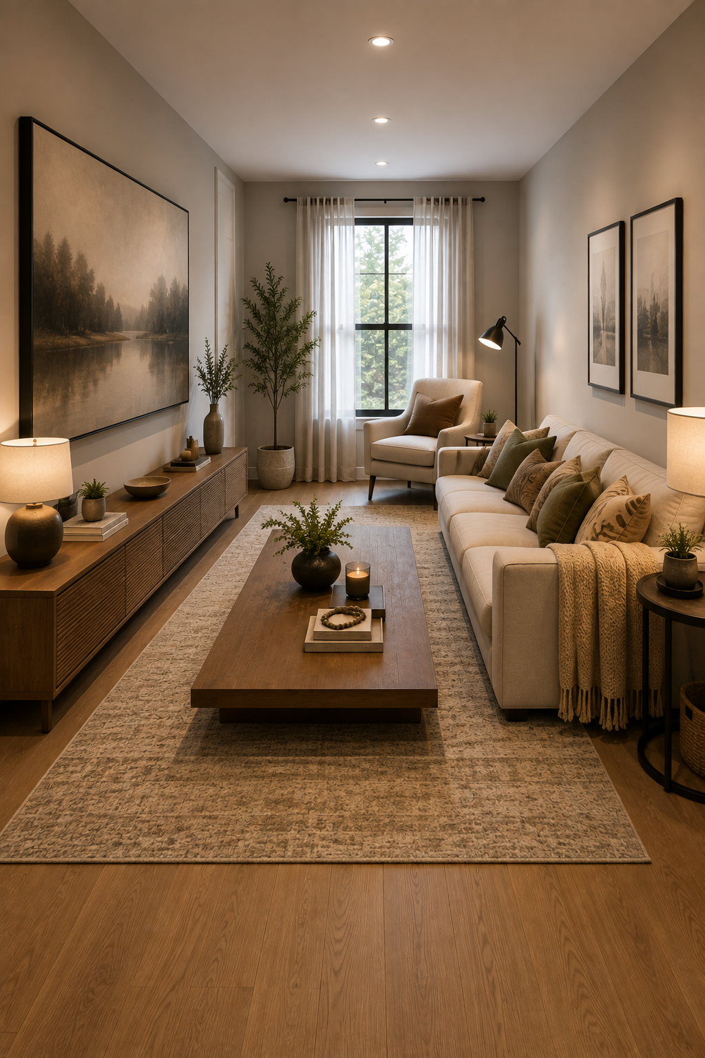 A long low console and a wide low coffee table in a narrow living room with a large artwork above