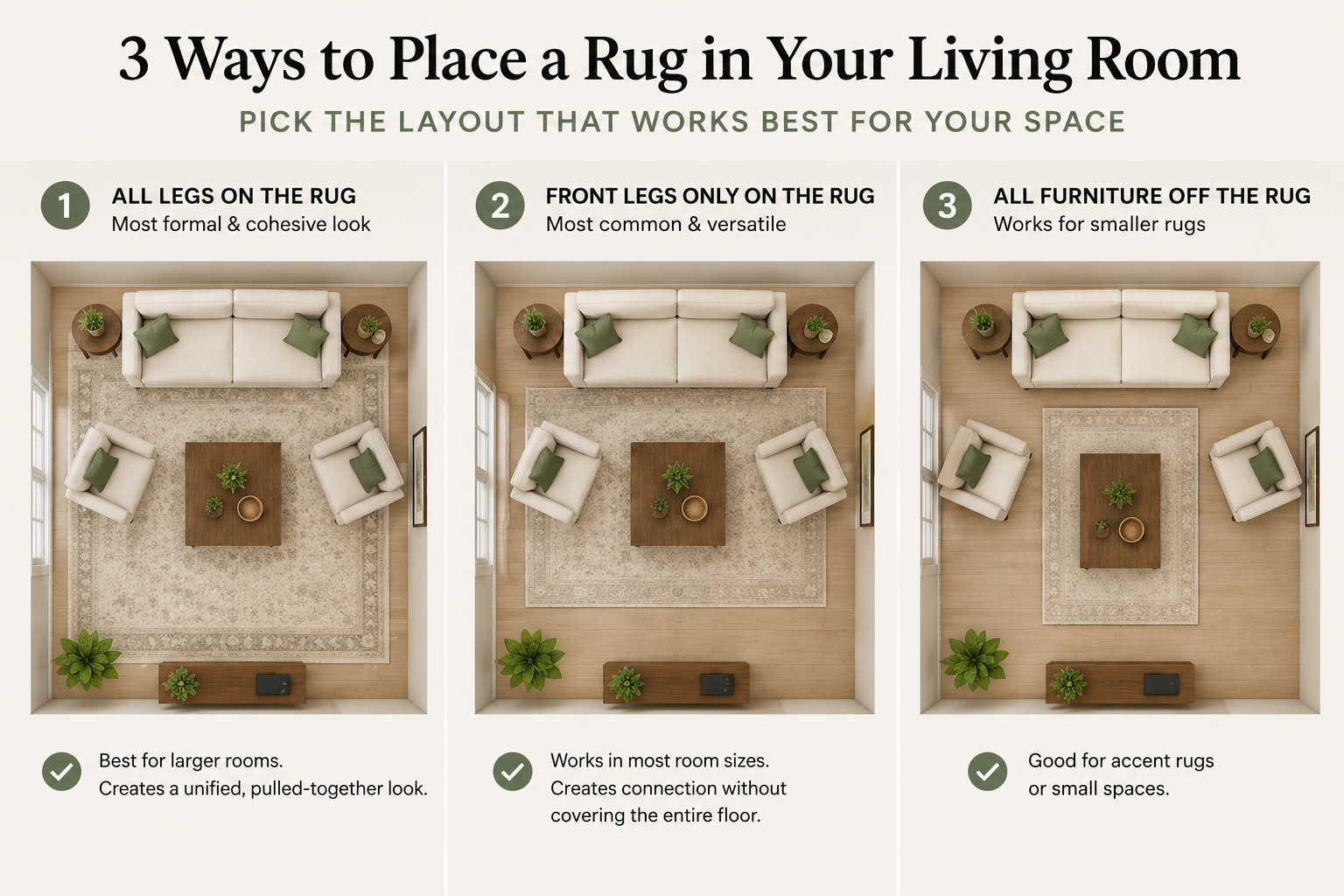 Three overhead diagrams showing all legs on the rug, front legs only, and all furniture off the rug