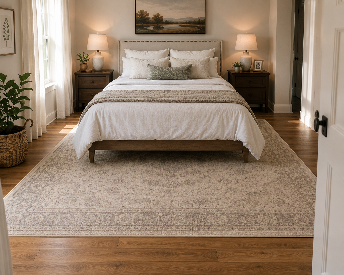 Bedroom rug positioned two thirds under the bed with even amounts showing on both sides and at the foot