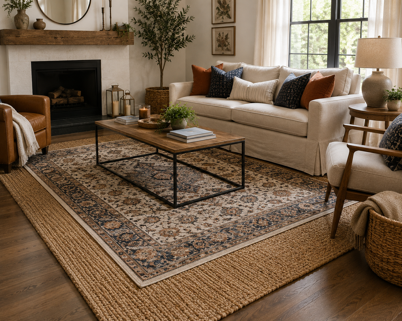 A patterned wool rug layered on top of a larger natural jute rug in a living room