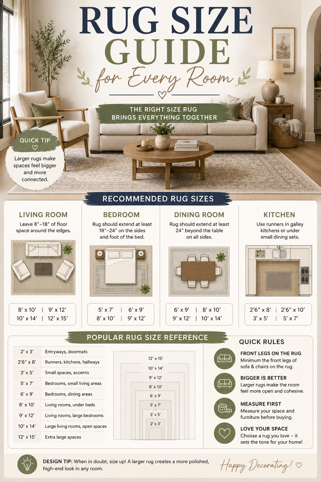 Pinterest graphic reading Rug Size Guide for Every Room with dimensions listed over a living room photo