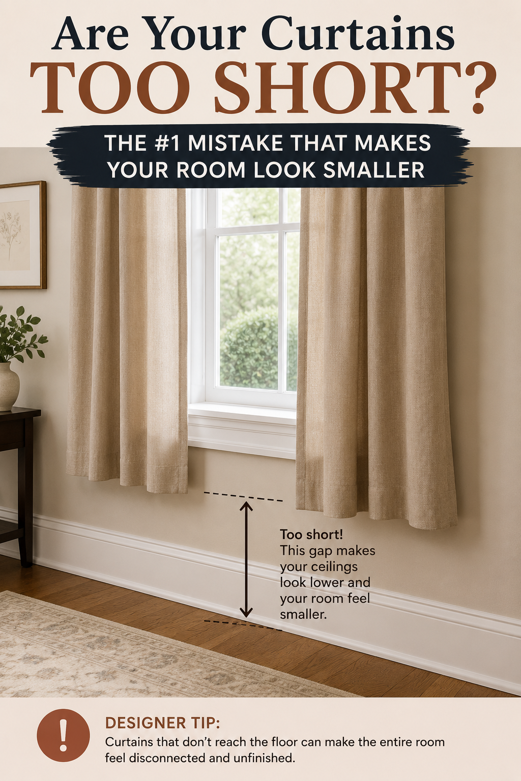 Curtain panels ending several inches above the floor beside a window, showing an awkward gap