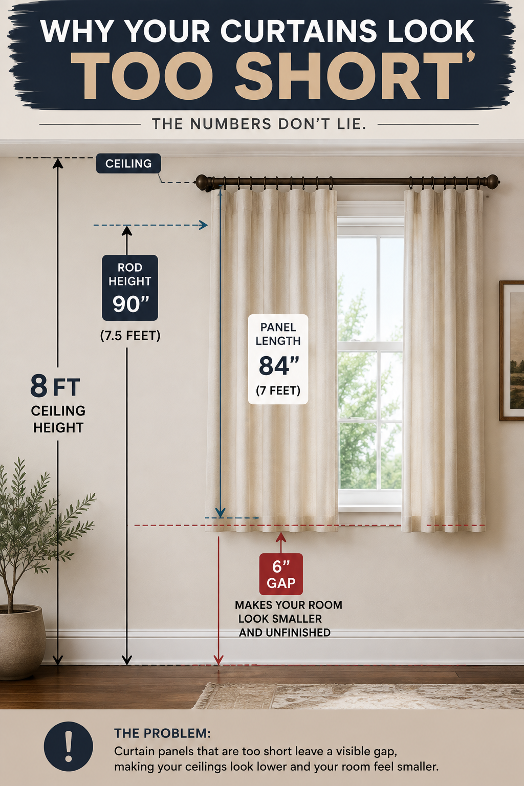 iagram showing an 8 foot ceiling with a curtain rod at 90 inches and the gap left by an 84 inch panel