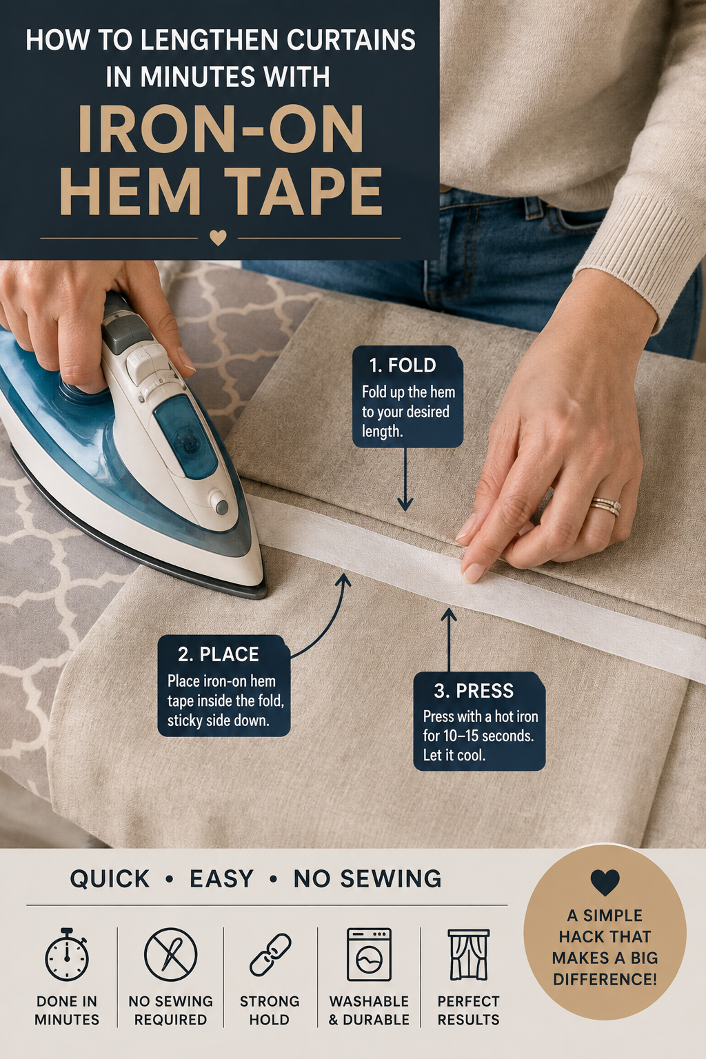 Iron on hem tape being pressed into the folded hem of a curtain panel on an ironing board