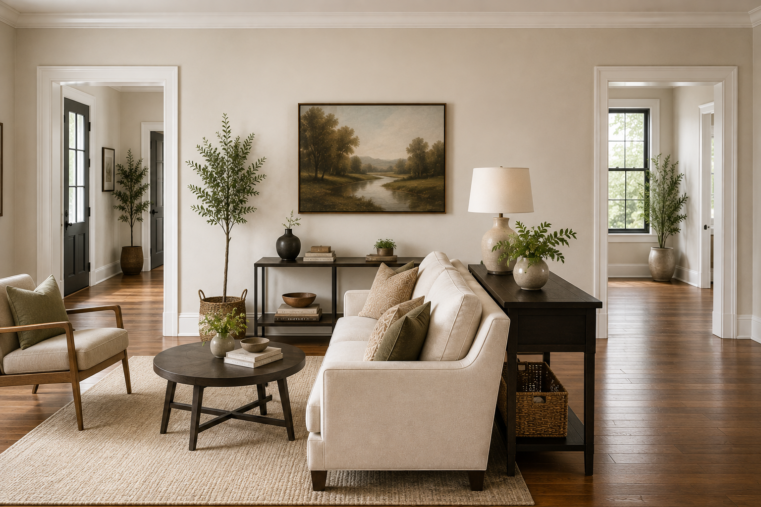A living room with two doorways where the seating is arranged to one side and a clear walking path runs behind it