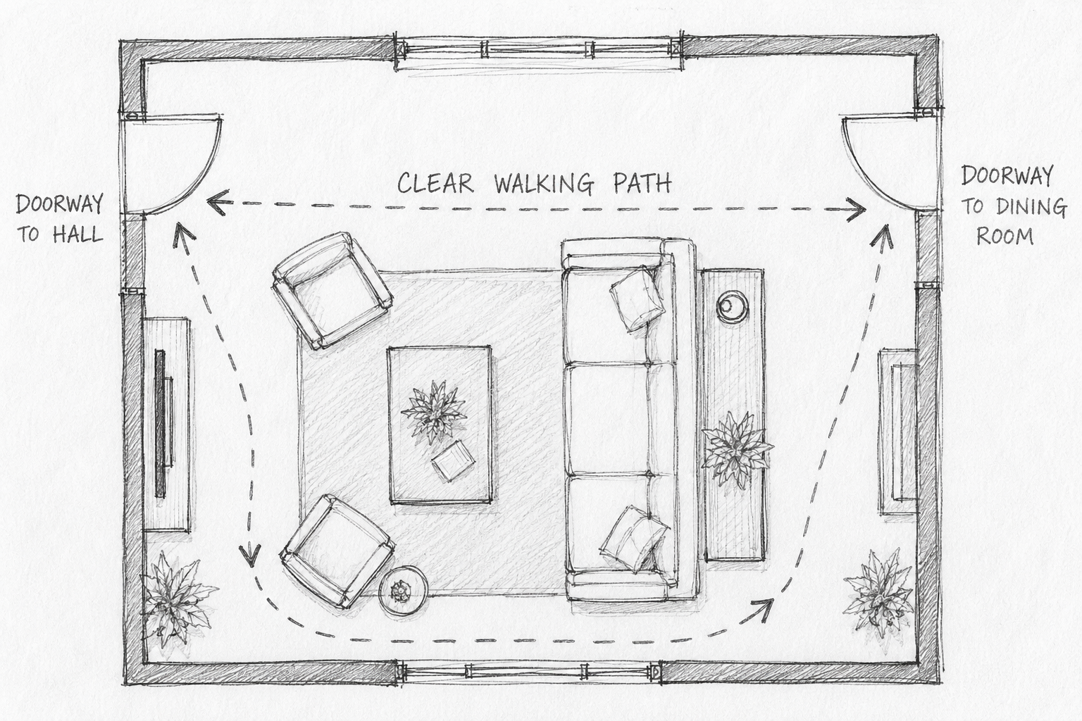 Hand drawn living room plan with arrows marking walking routes between two doorways and the seating area