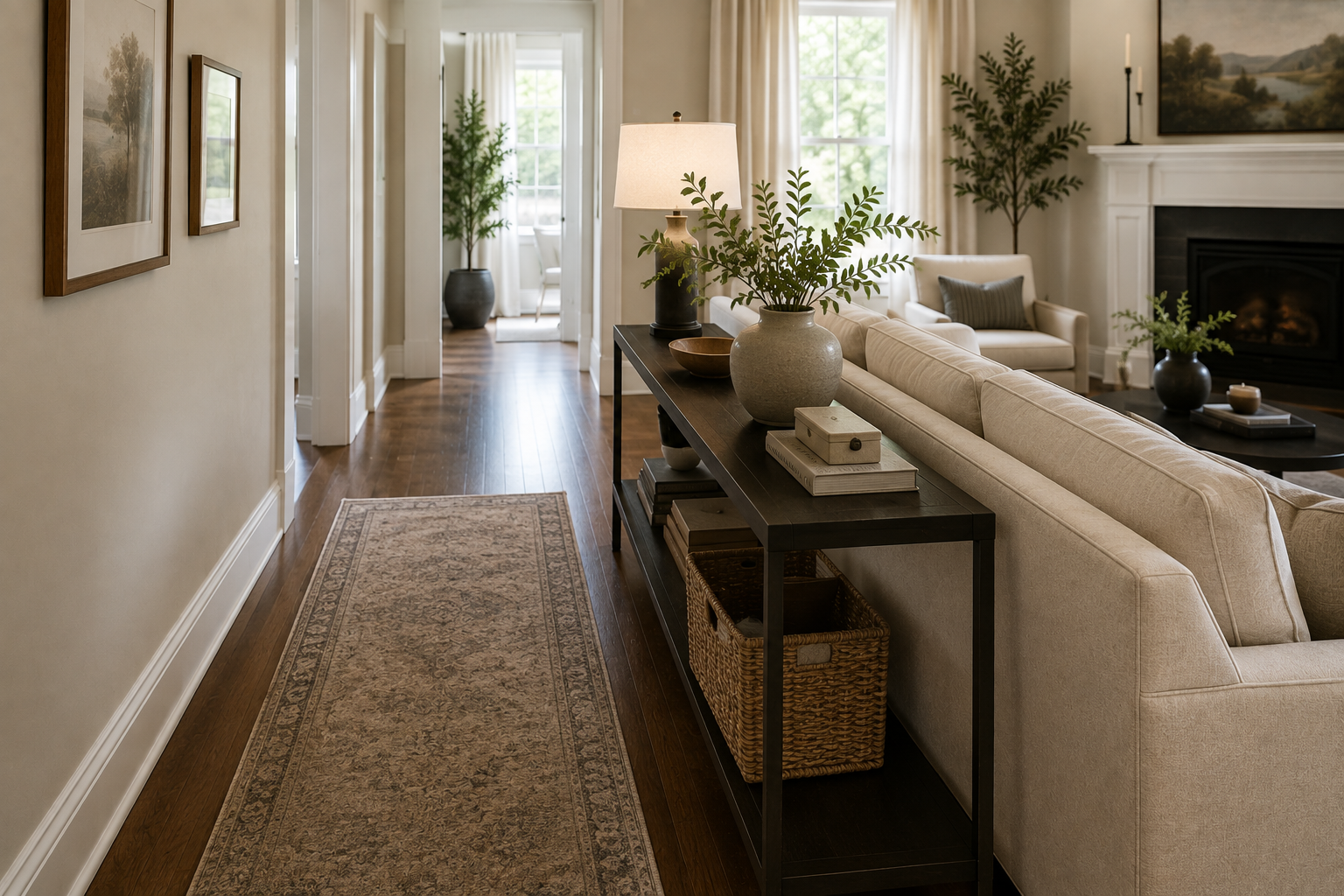 A sofa positioned with its back to a walkway, with a console table behind it separating the seating from the route
