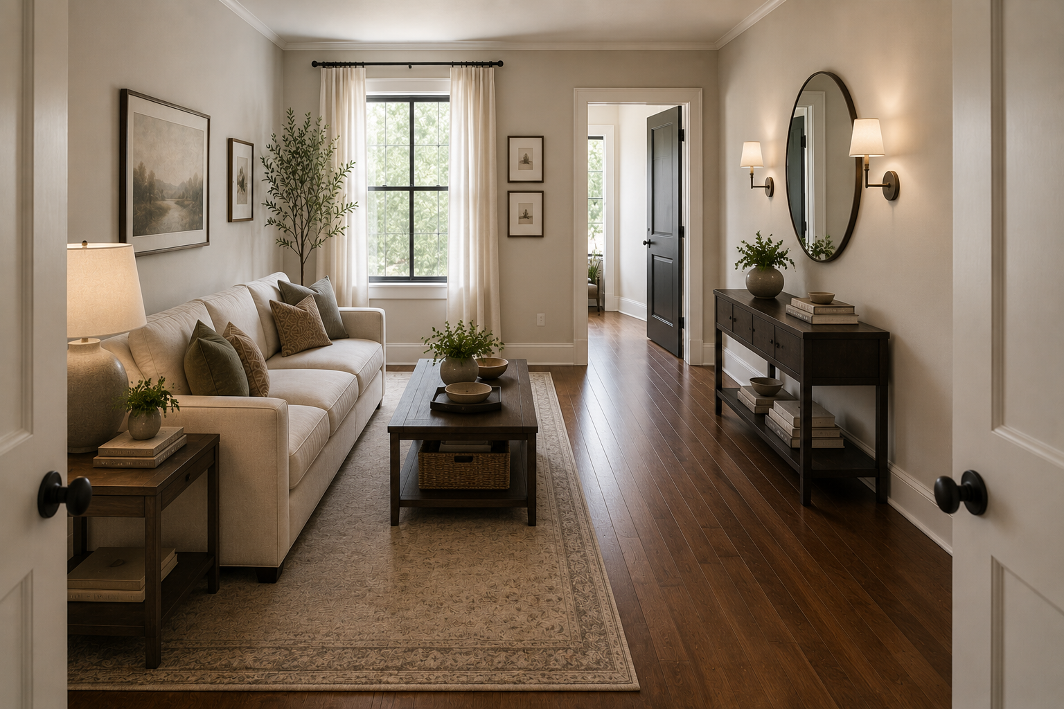 A small living room with all seating arranged along one side and a clear walking route across the other