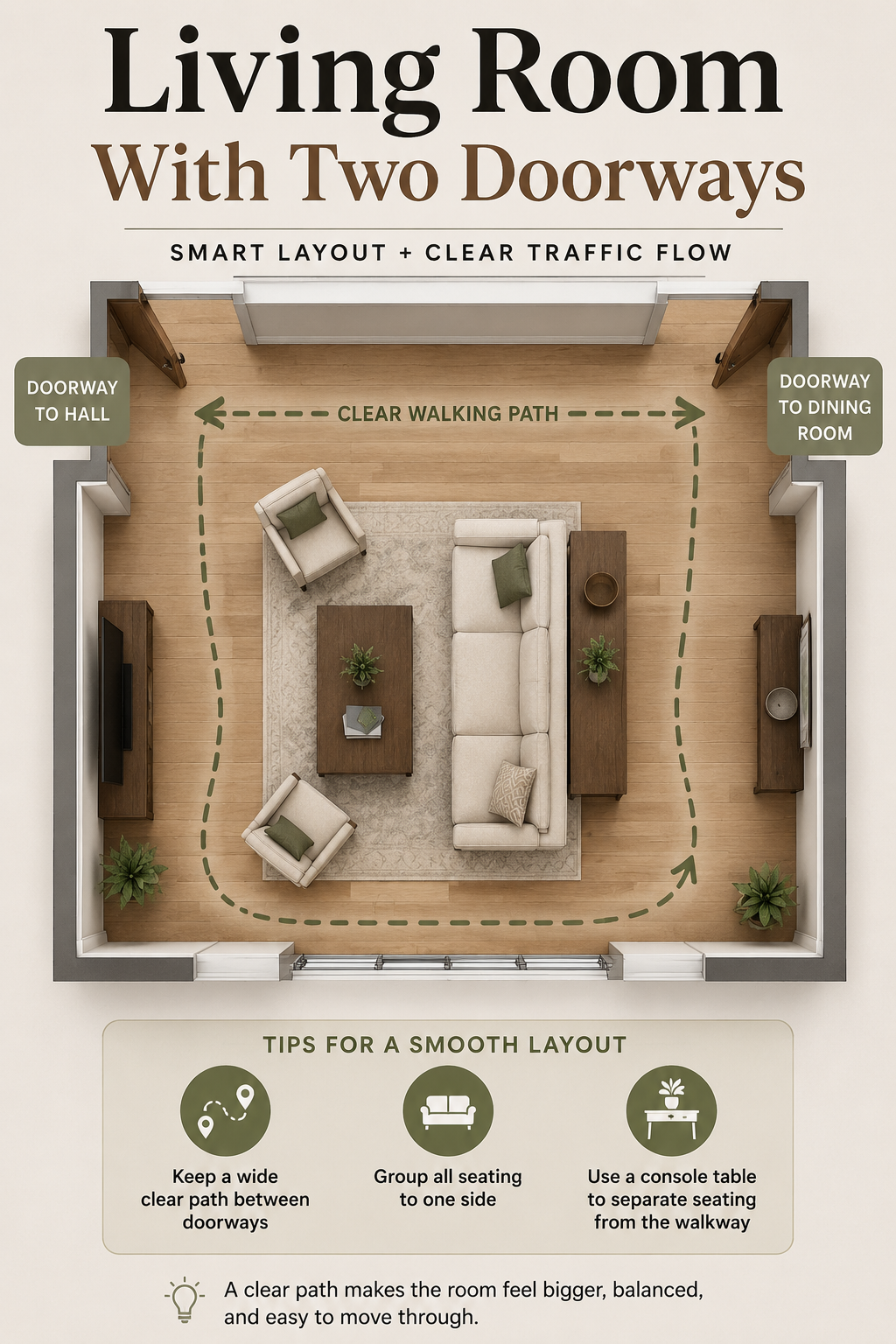 Pinterest graphic reading Living Room With Two Doorways over an overhead diagram showing traffic paths