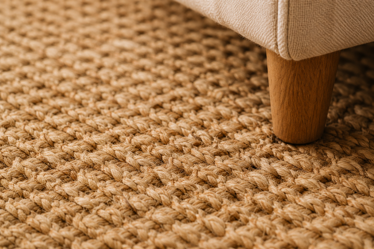 Close up of a woven jute rug showing the natural braided texture with a sofa leg resting on it