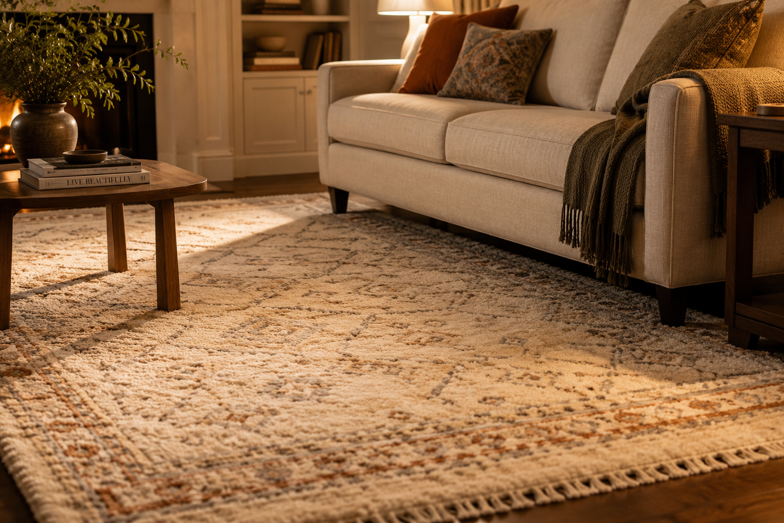 A wool area rug in a living room with the sofa front legs resting on it and warm evening light