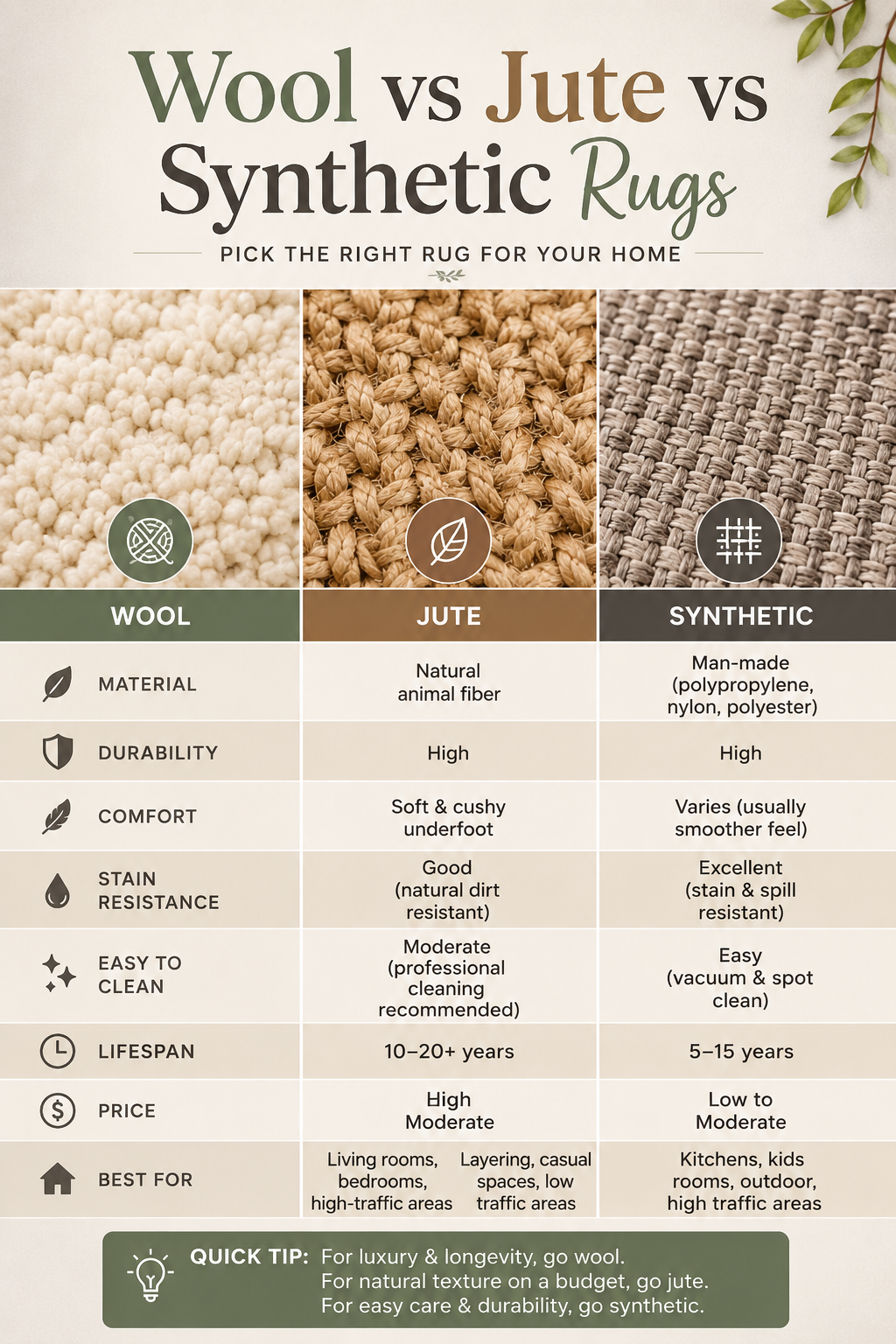 Pinterest graphic reading Wool vs Jute vs Synthetic Rugs over three rug texture close ups