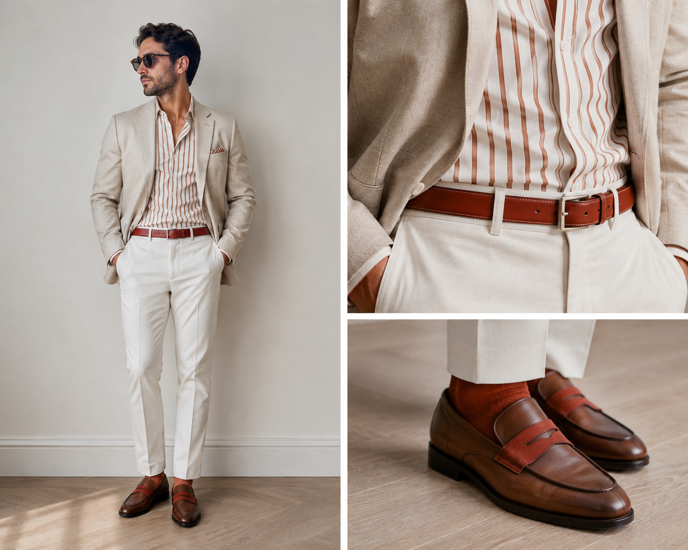 Outfit showing a rust colored belt echoed in a shirt stripe and shoe detail against neutral clothing