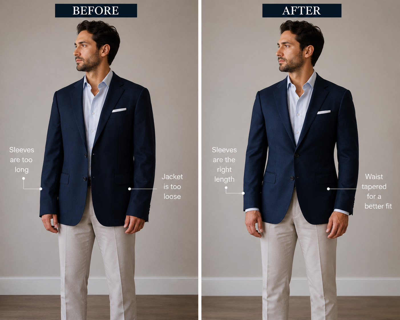 The same jacket photographed before and after alterations to the sleeves and waist