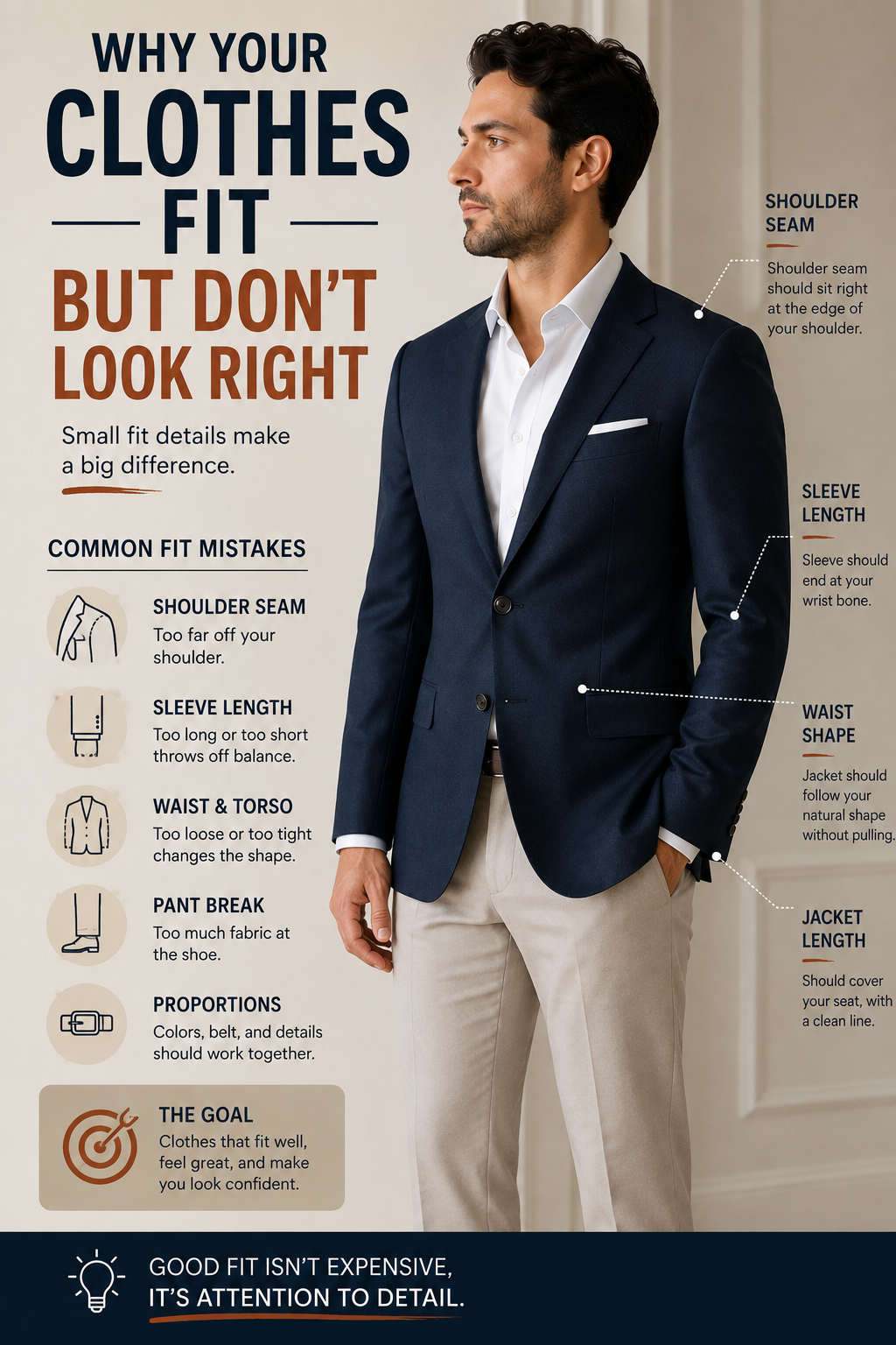 Pinterest graphic reading Why Your Clothes Fit But Don't Look Right over a photo of a well fitted blazer
