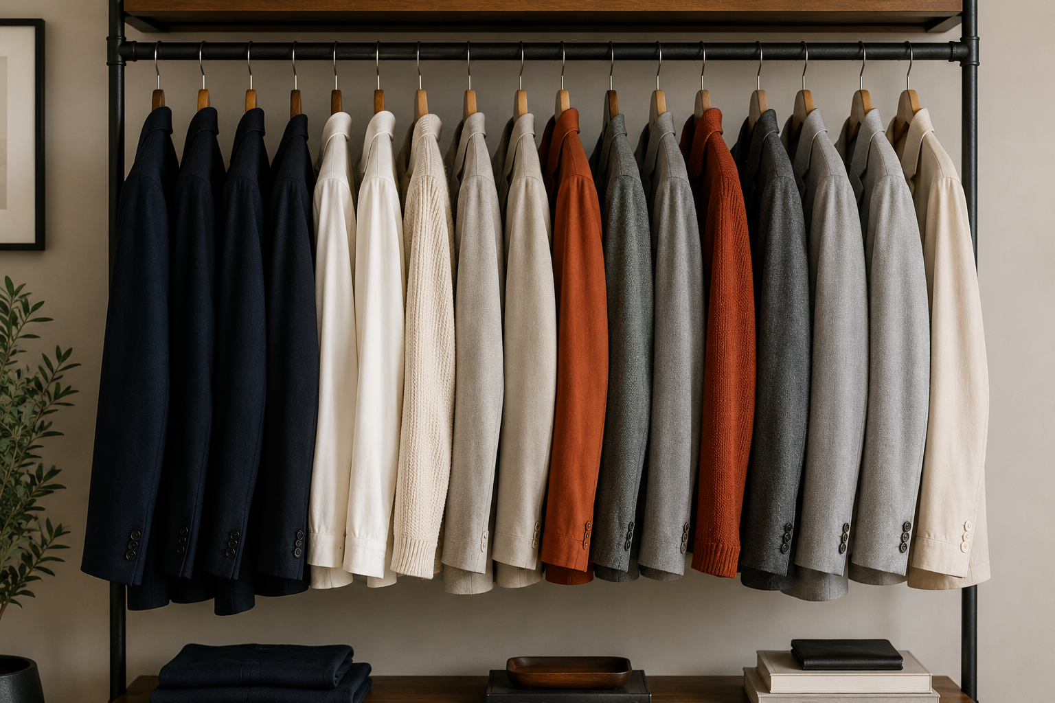 A rail of clothes in navy, cream and gray with two rust colored pieces breaking up the neutrals