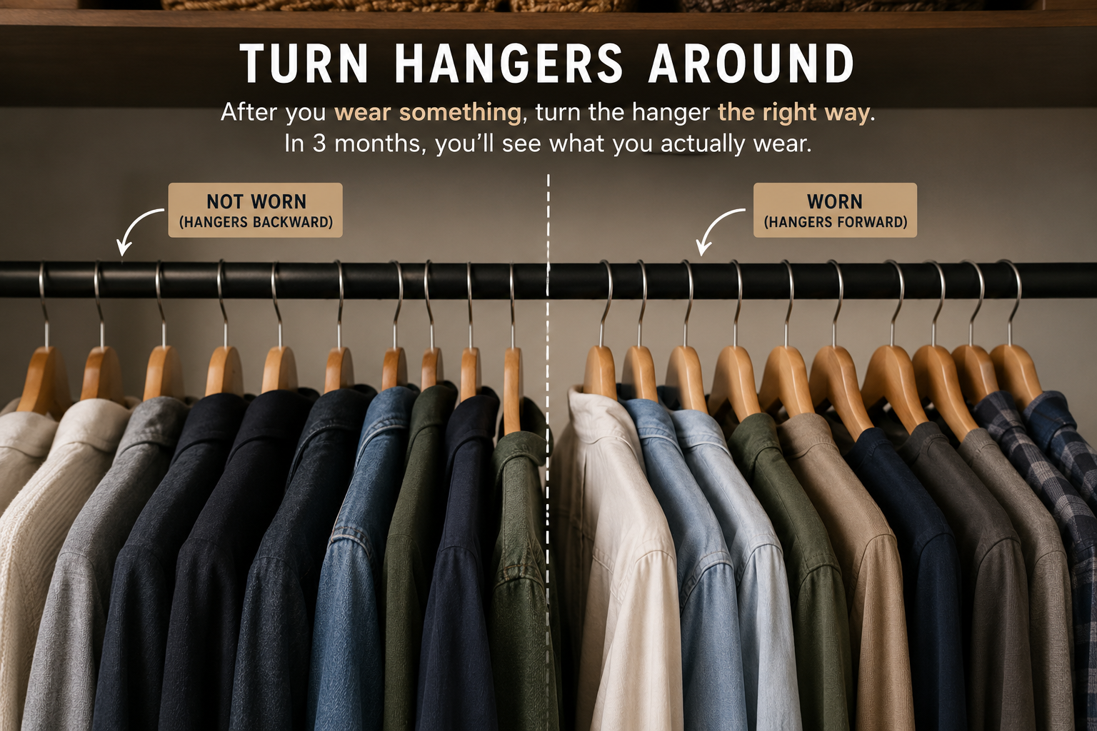 A closet rail with hangers facing backward as a method of tracking which clothes are actually worn