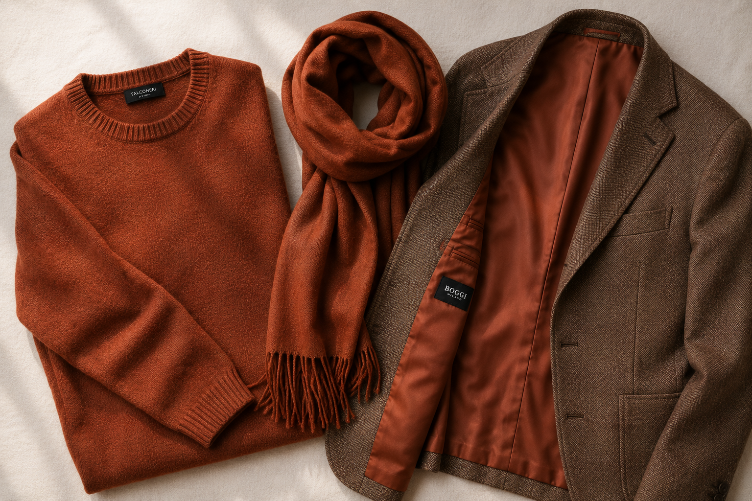 A sweater, scarf and jacket lining all in the same rust tone laid out together