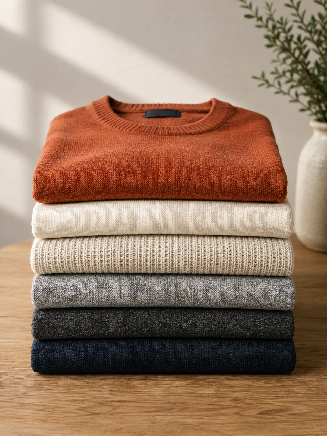 A folded stack of neutral tops and knitwear with one colored piece on top