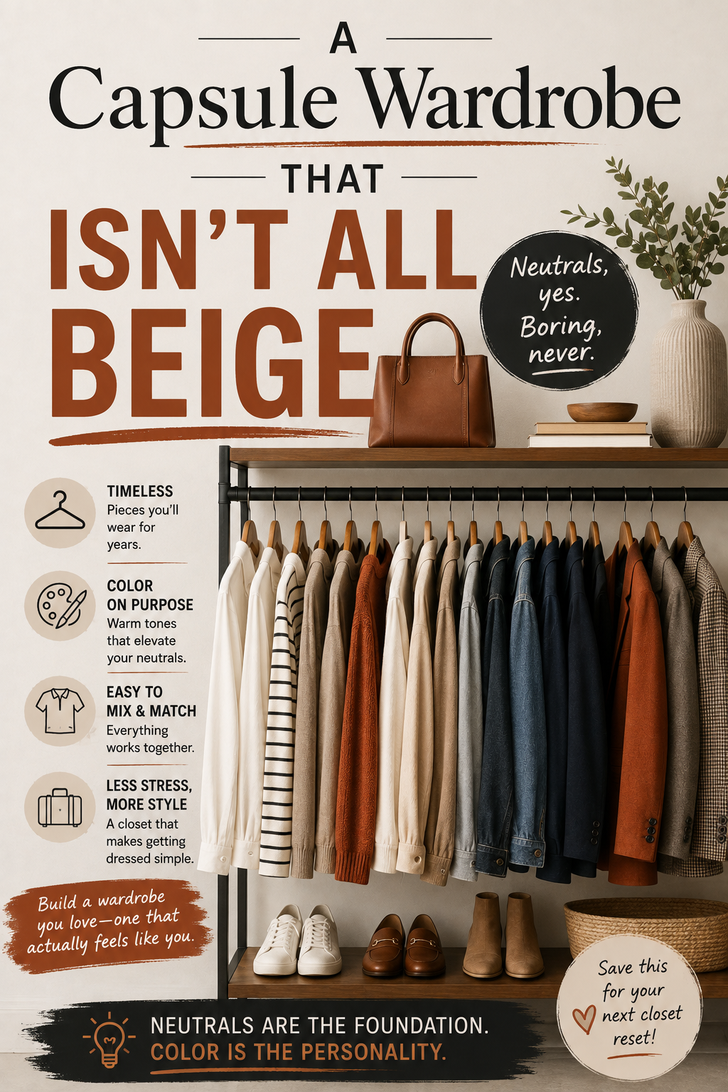 Pinterest graphic reading A Capsule Wardrobe That Isn't All Beige over a rail of neutral and rust clothing