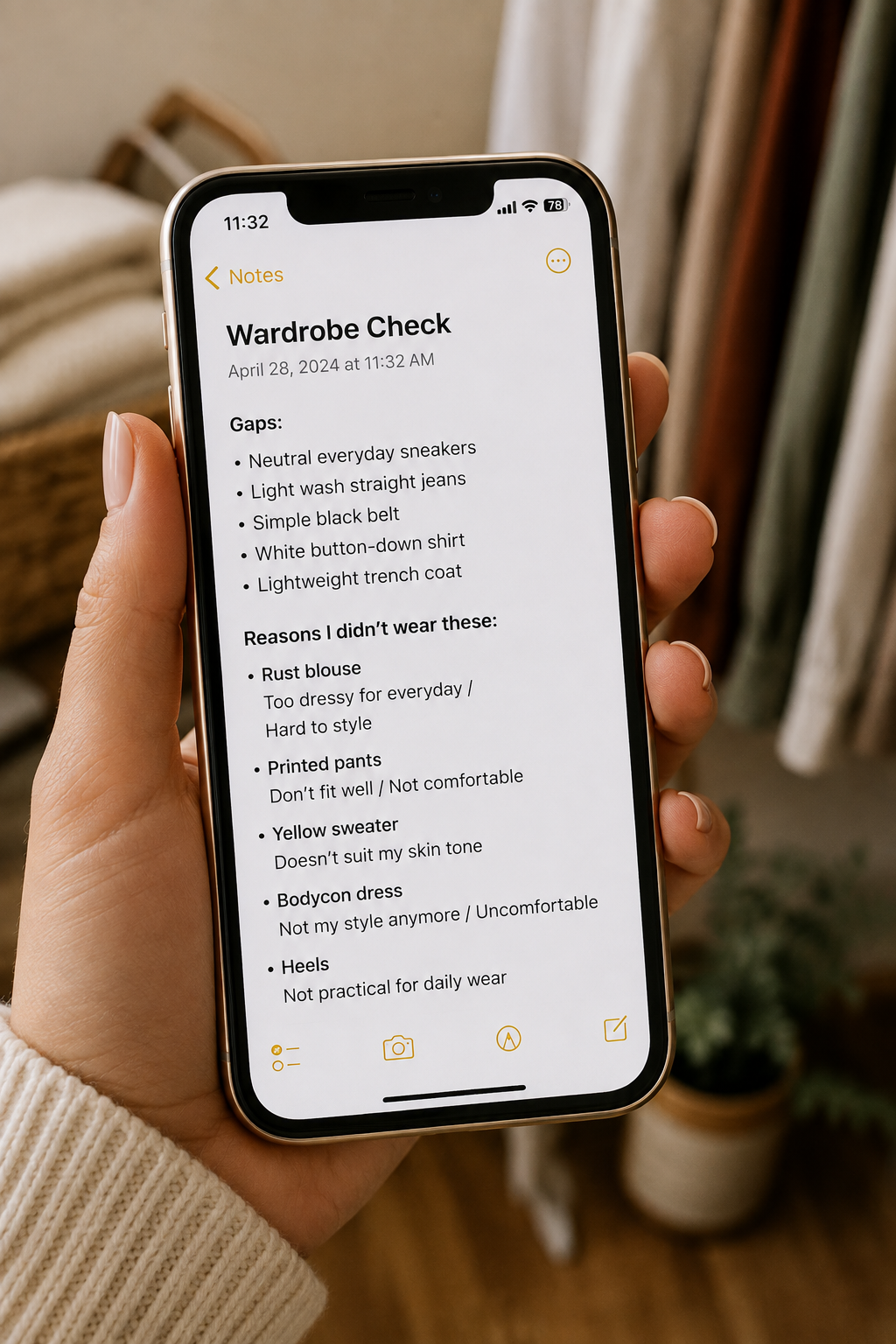 A phone showing a running note listing wardrobe gaps and reasons certain clothes were not worn