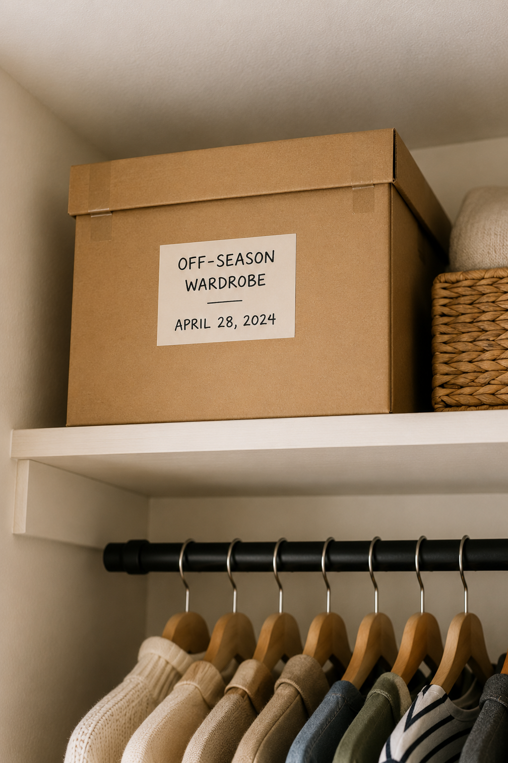A sealed cardboard storage box labeled with a date, stored on a high shelf away from the main closet