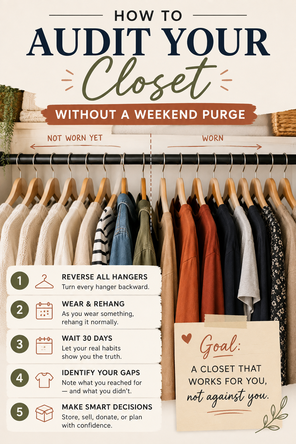 Pinterest graphic reading How to Audit Your Closet Without a Weekend Purge over a photo of a closet rail