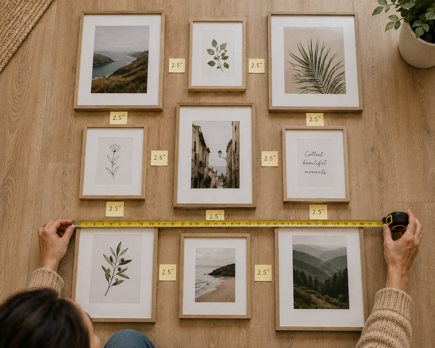 Picture frames arranged on the floor with even spacing between them and a tape measure checking the gaps