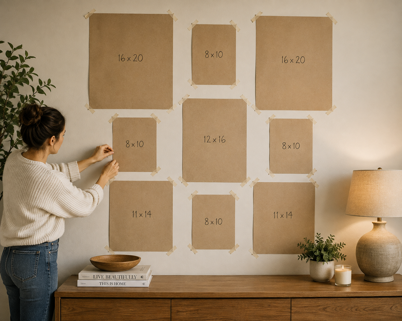 Cut paper rectangles taped to a wall in a gallery wall arrangement before any frames are hung
