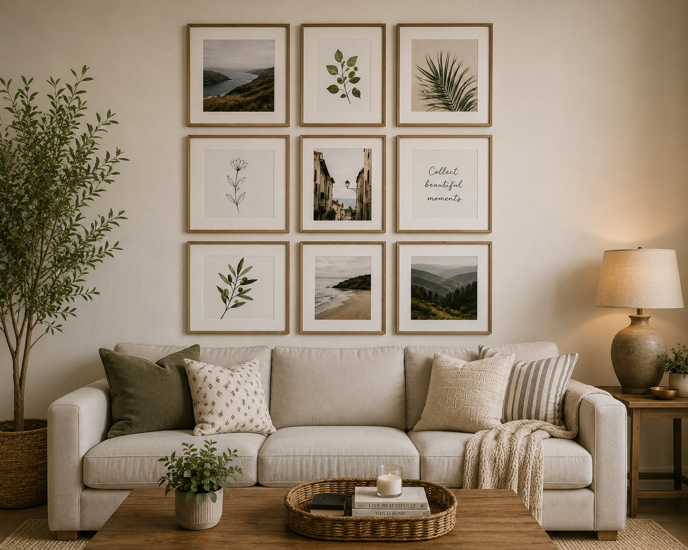 A finished gallery wall of nine frames above a sofa, spanning about two thirds of the sofa width