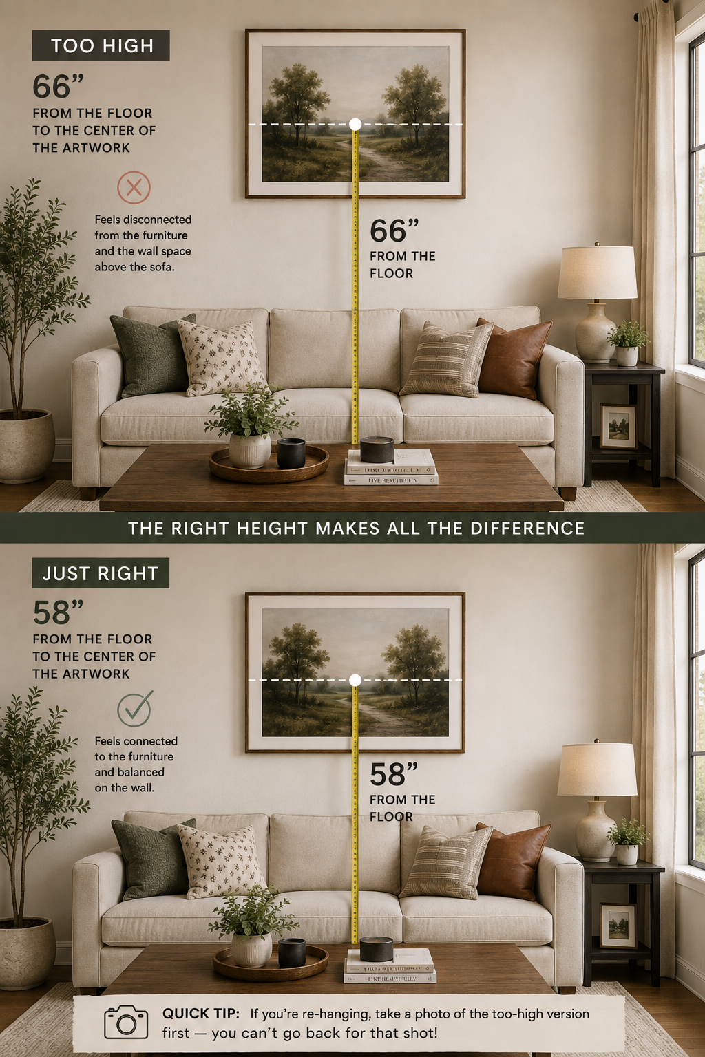 The same artwork hung above a sofa at 66 inches and again at 58 inches showing the difference in how it relates to the furniture