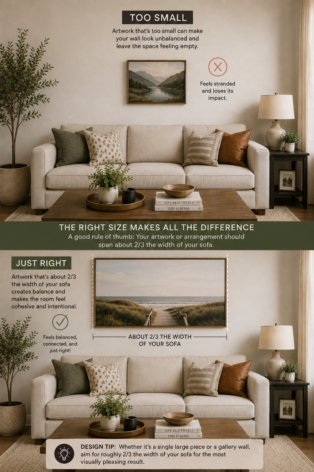 Two photos of the same sofa, one with a small stranded artwork above it and one with a piece spanning two thirds of the sofa width