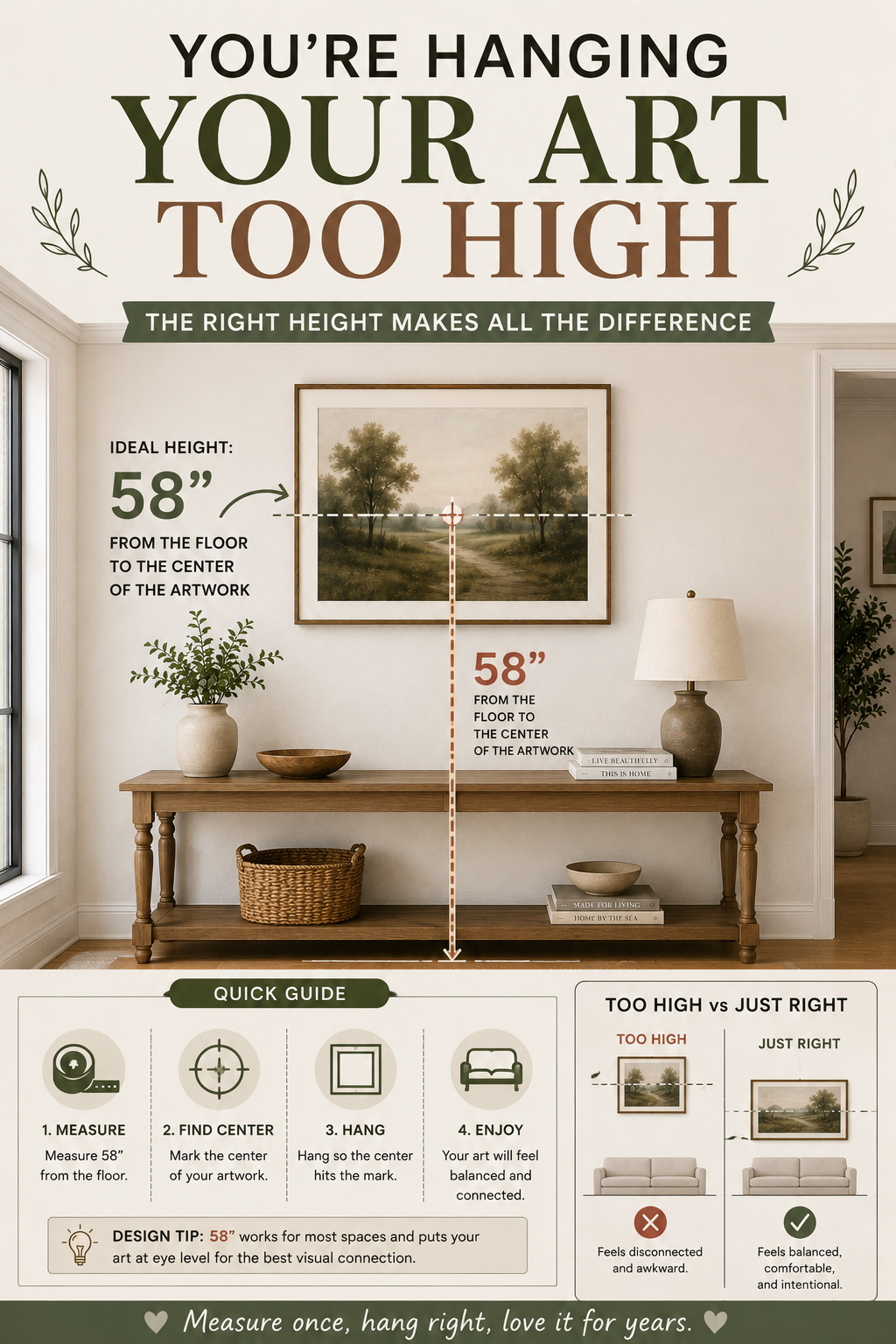 Pinterest graphic reading You're Hanging Your Art Too High with 58 inches marked on a diagram of a wall