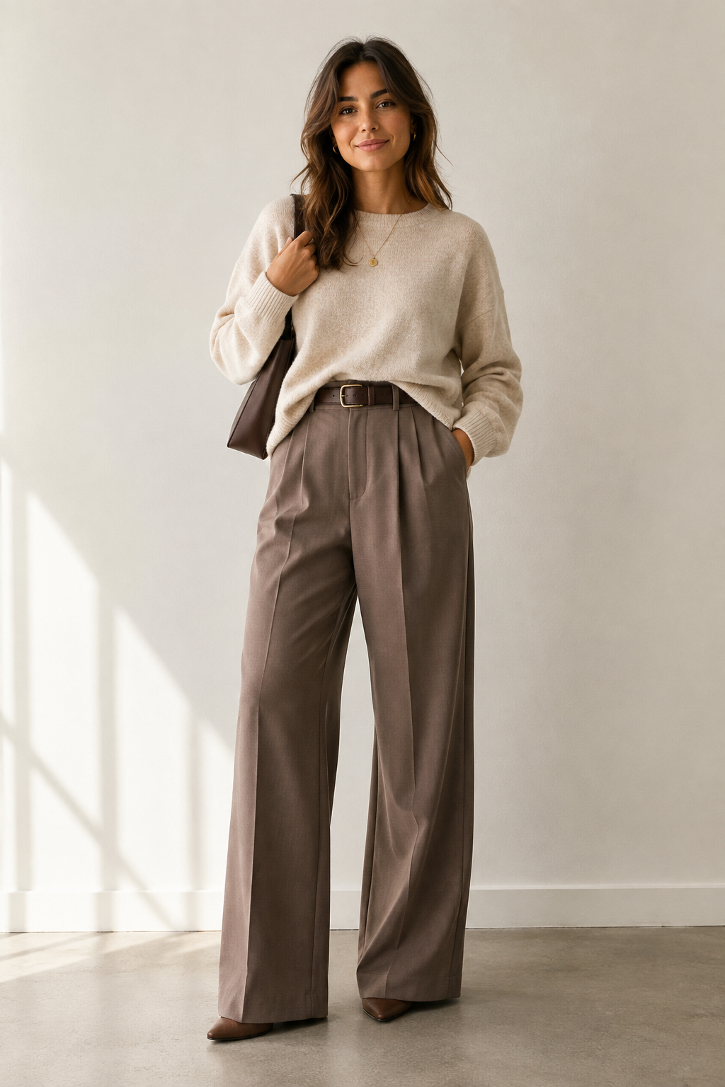 Full length outfit photo of a woman with a loose sweater front tucked into wide leg trousers, creating a defined waistline