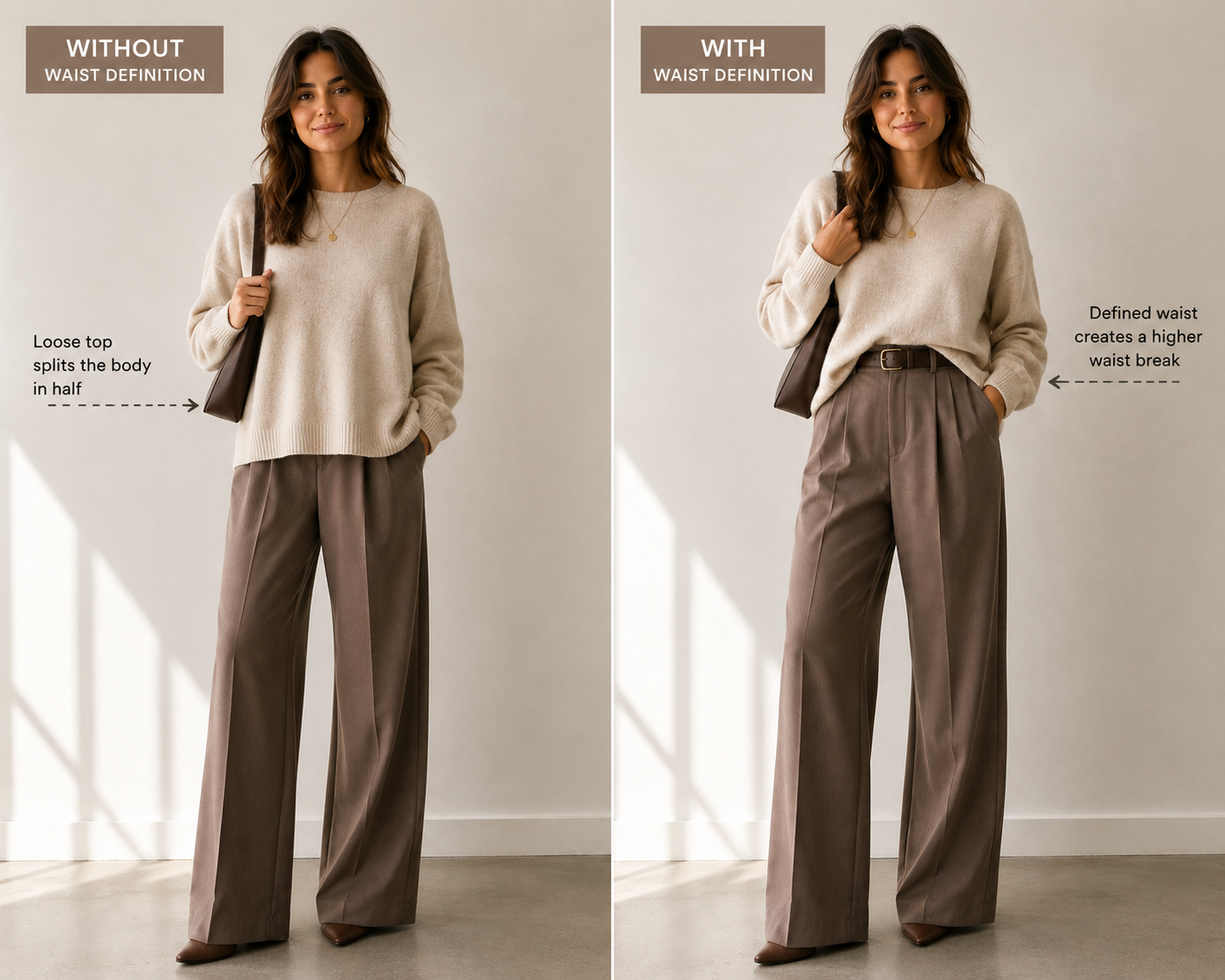 Two full length outfit photos of the same woman, one with a loose top splitting the body in half and one belted to create a higher waist break