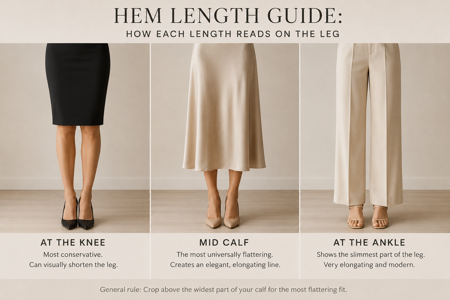 Three photos of skirt and trouser hems ending at the knee, mid calf and ankle showing how each reads on the leg