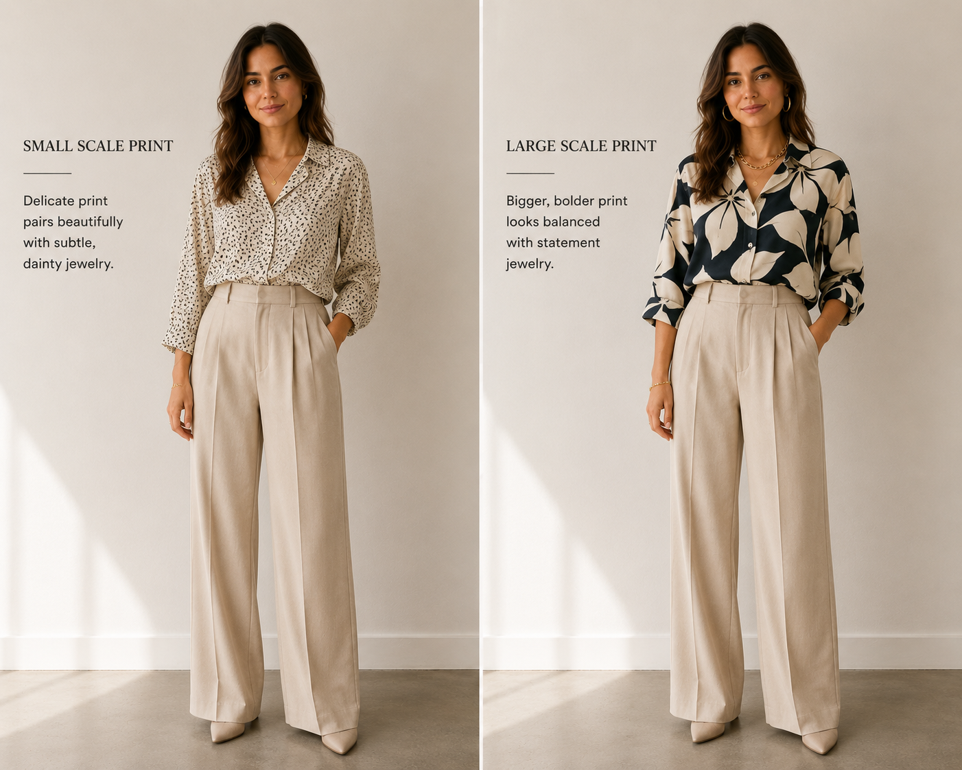 Two outfits on the same woman showing a small scale print with delicate jewelry beside a larger scale print with bolder statement jewelry