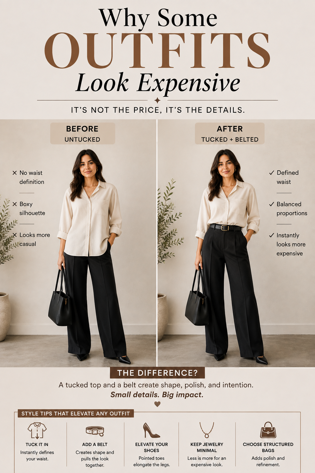 Pinterest graphic reading Why Some Outfits Look Expensive over a before and after of an untucked and belted outfit