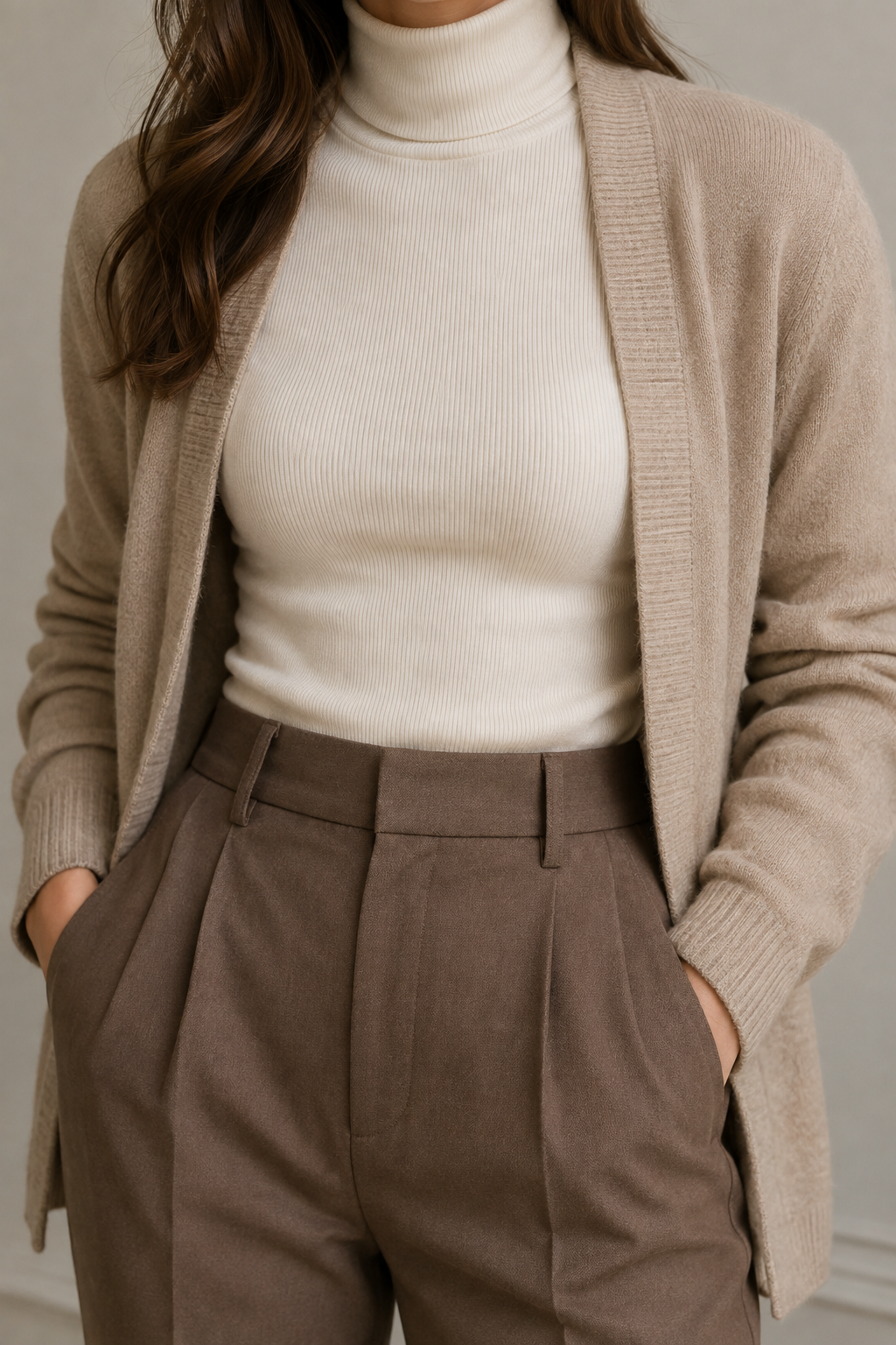 A fitted turtleneck tucked into high waisted trousers, worn as a mid layer under an open cardigan