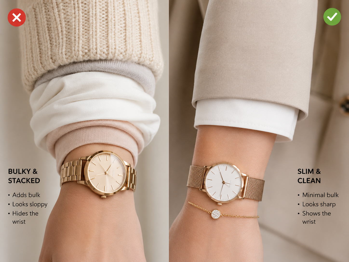 Close up comparison of a wrist with three bulky sleeve cuffs stacked versus a slim sleeve pushed up under a fitted cuff