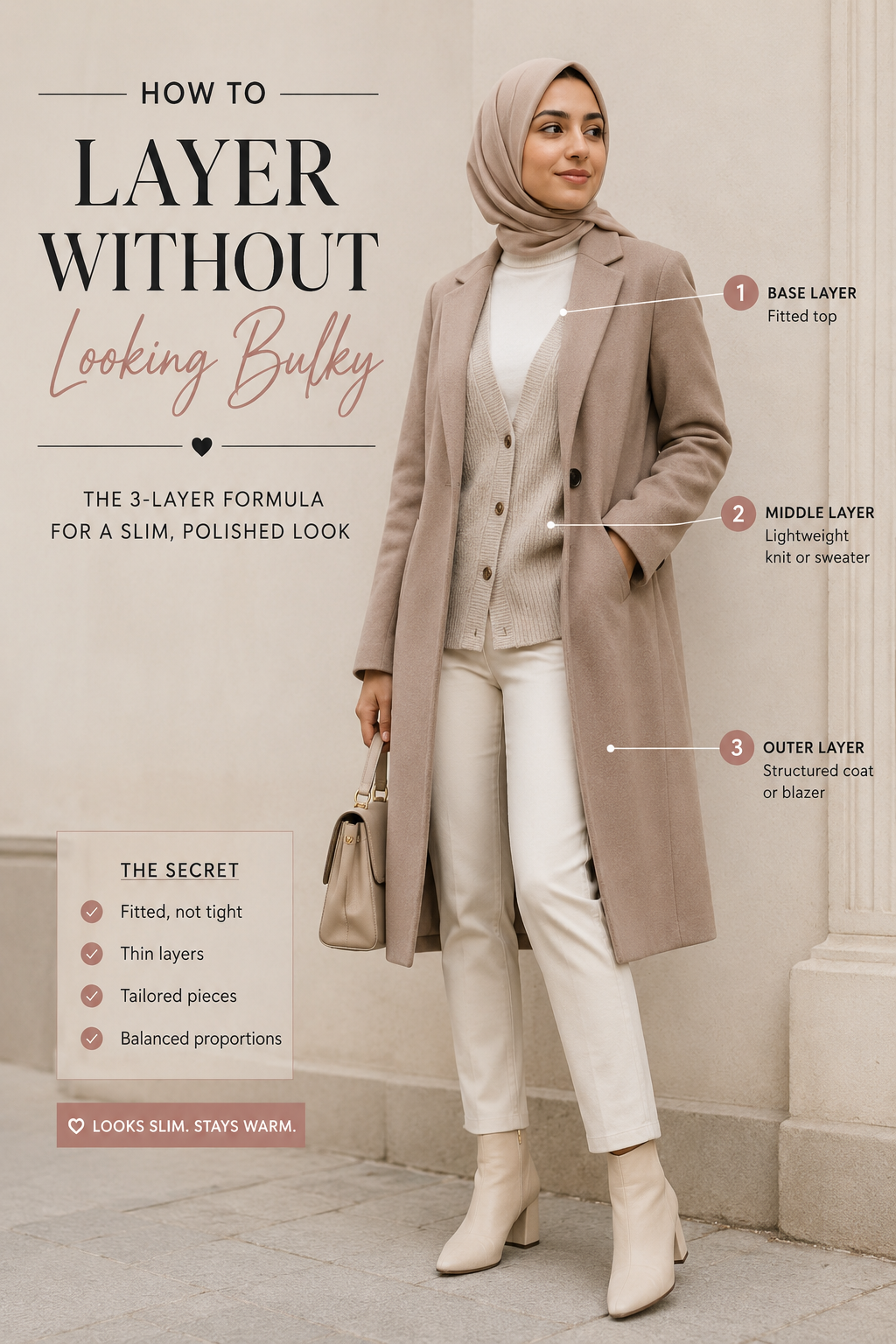 Pinterest graphic reading How to Layer Without Looking Bulky over a slim silhouette three layer outfit