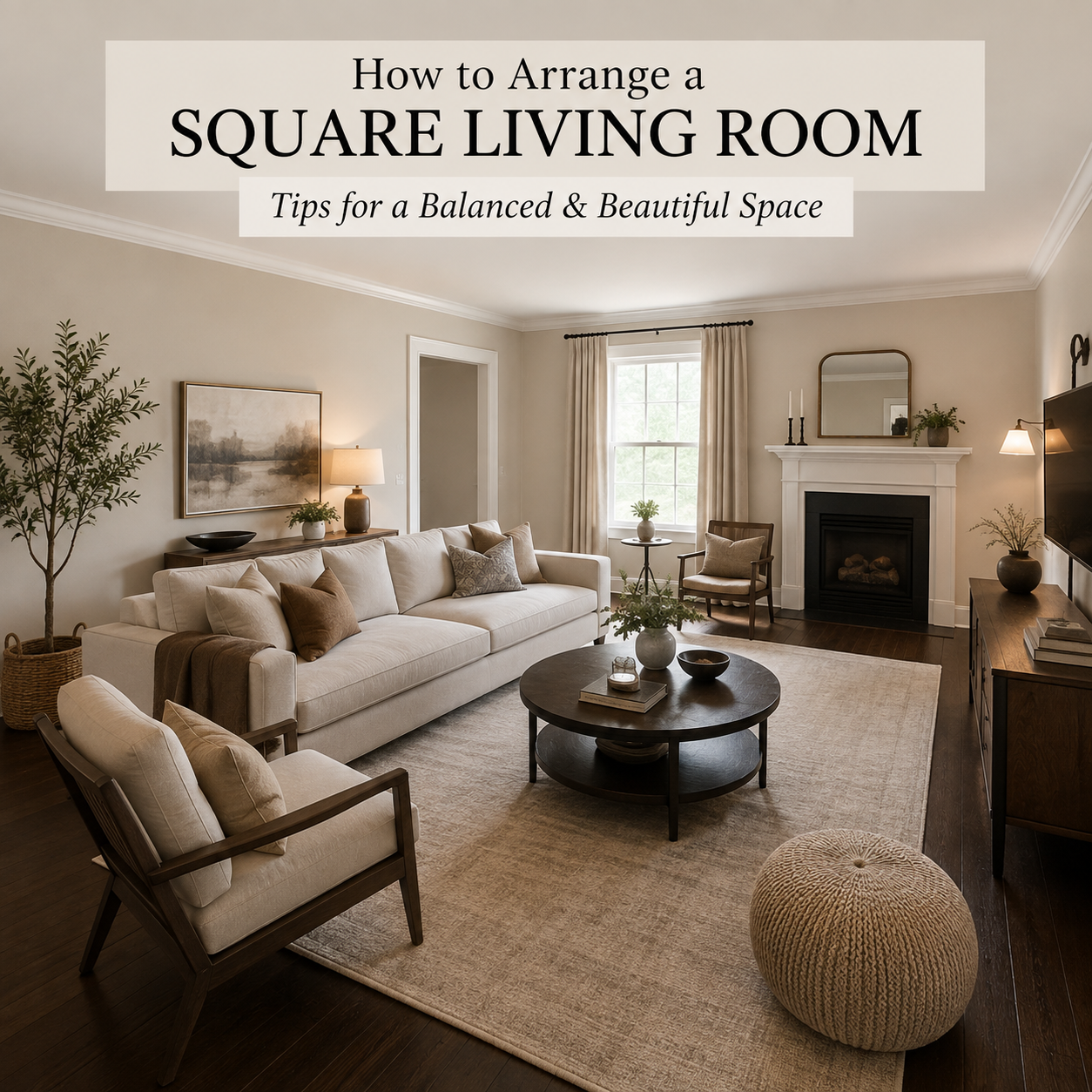 A square living room with the sofa floated off-center and a round coffee table breaking up the room's straight lines
