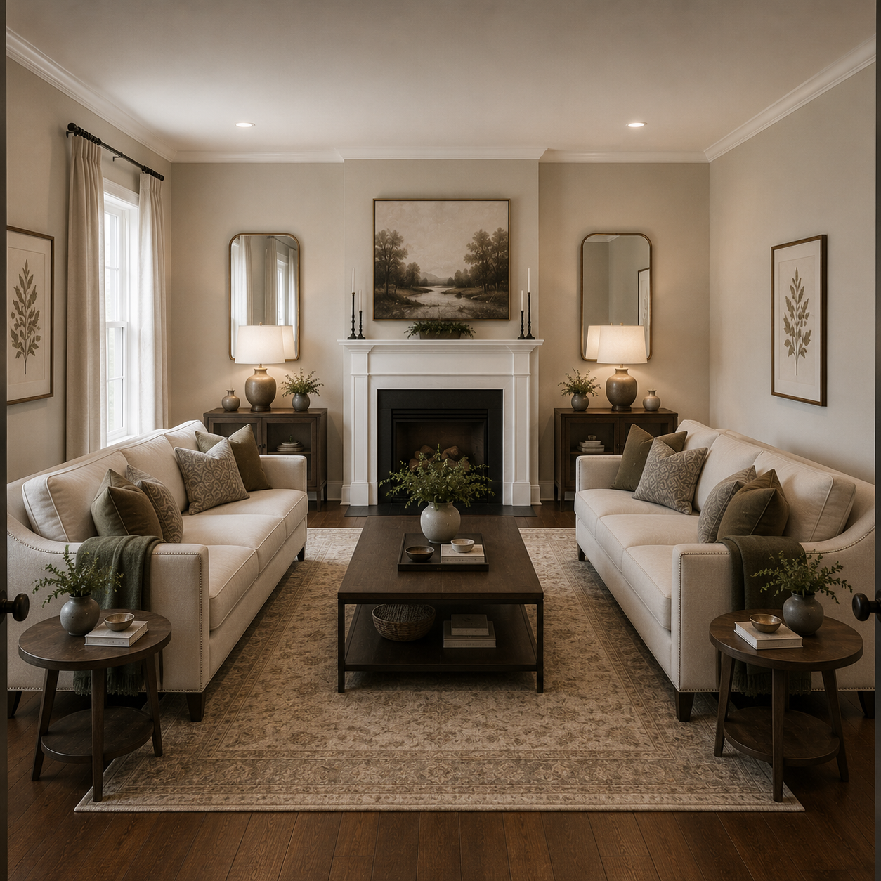 Two matching sofas facing each other across a coffee table in a square living room with matching lamps on either side