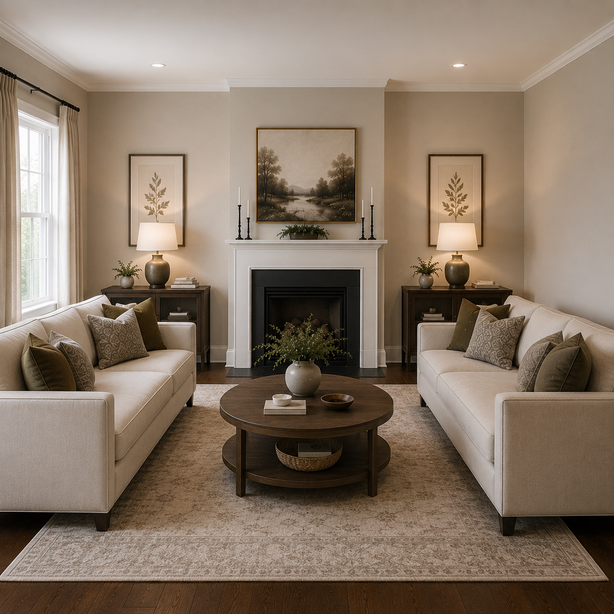 A round wood coffee table softening the straight lines of a square living room with rectangular furniture