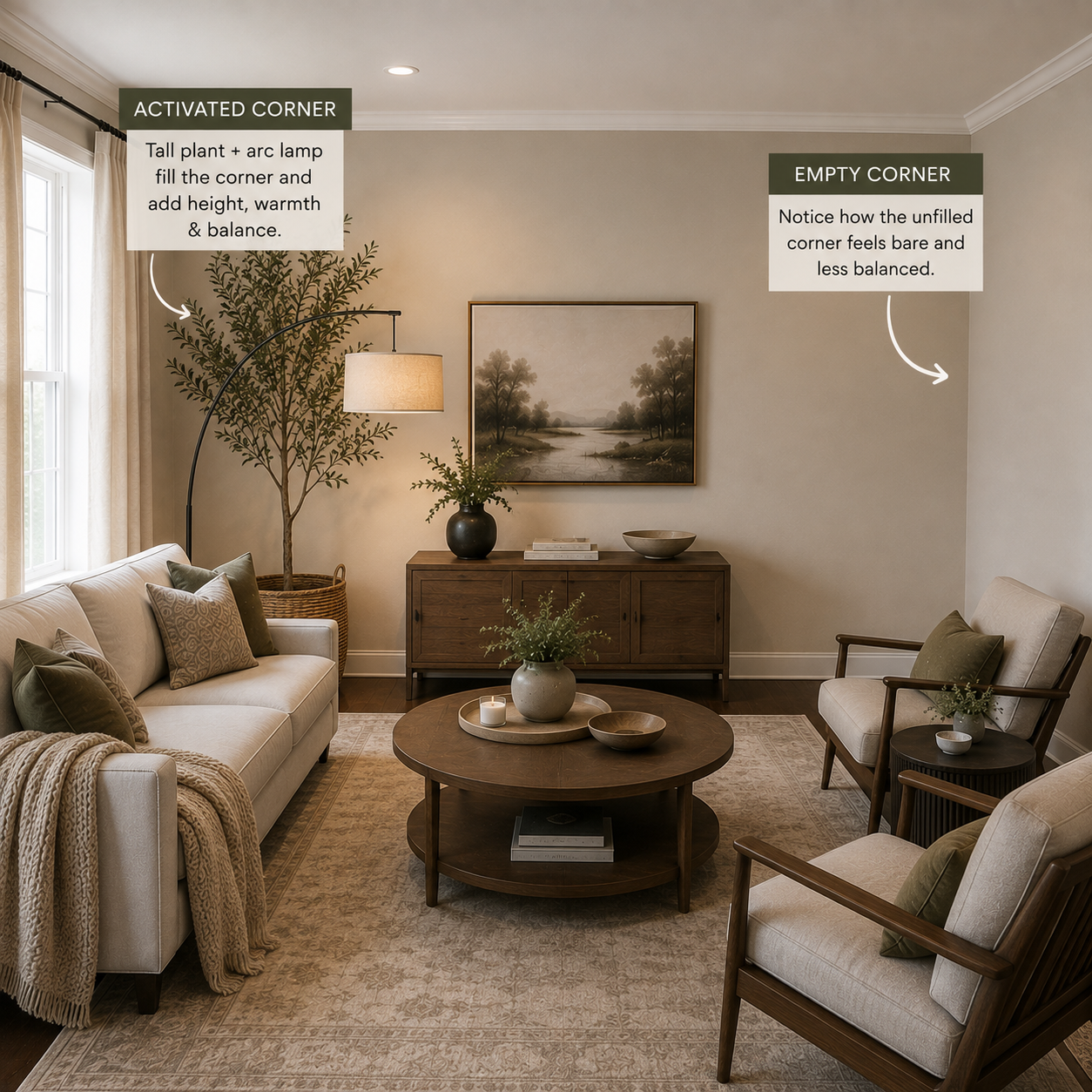 A tall plant and arc floor lamp filling a previously empty corner in a square living room